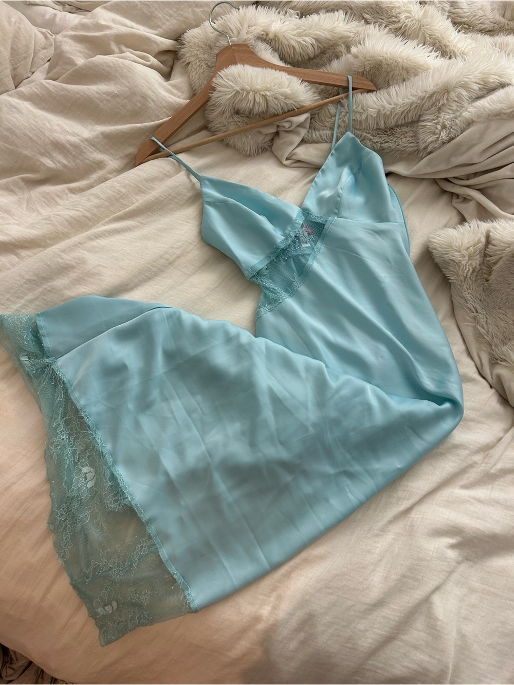 Urban Outfitters Light Blue Satin Lace-Trim Slip
